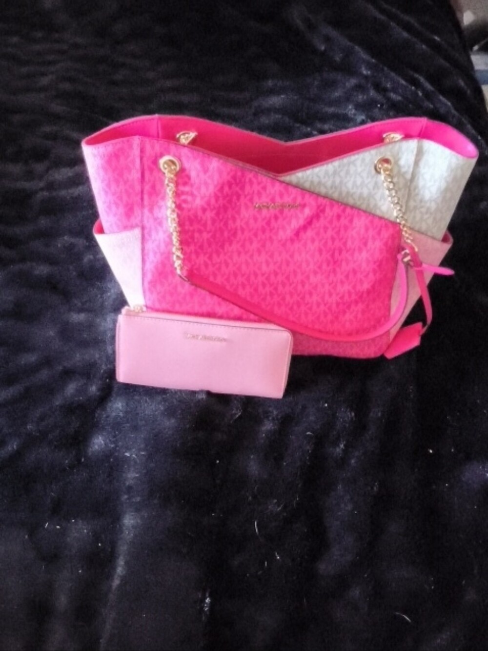 Michael Kors Hot Pink and Cream MK Tote with Matching Pink Wallet
